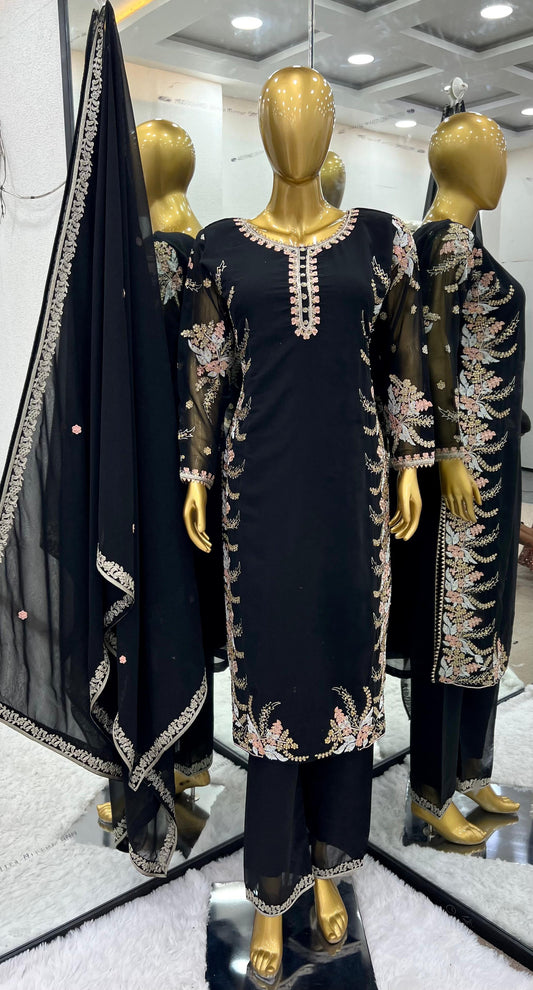 Elegant Georgette Diamond Work Black Kurti Set