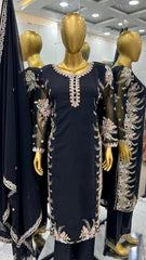 Elegant Georgette Diamond Work Black Kurti Set