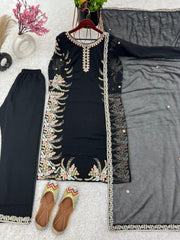 Elegant Georgette Diamond Work Black Kurti Set