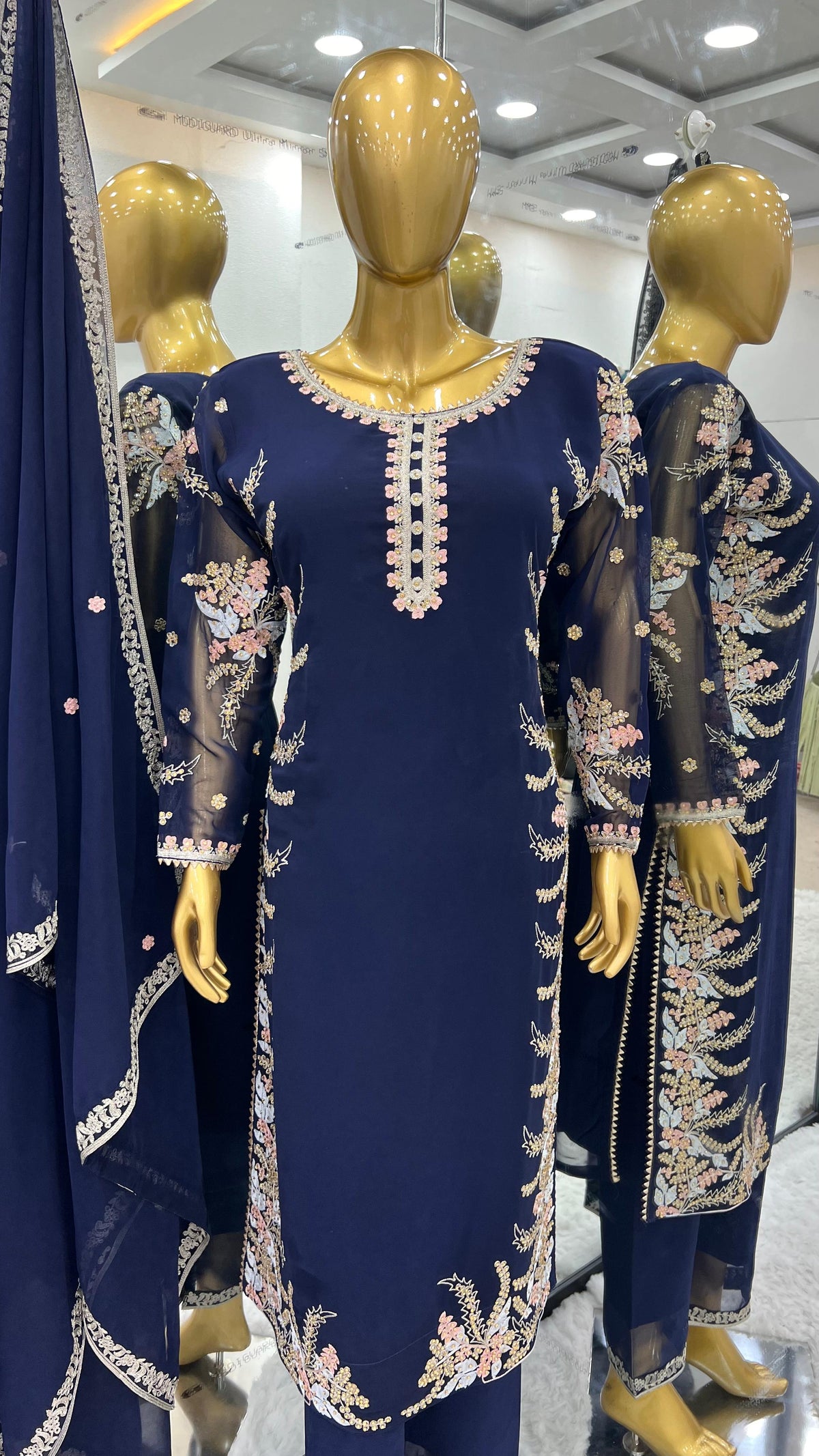 Elegant Georgette Diamond Work Navy Blue Kurti Set