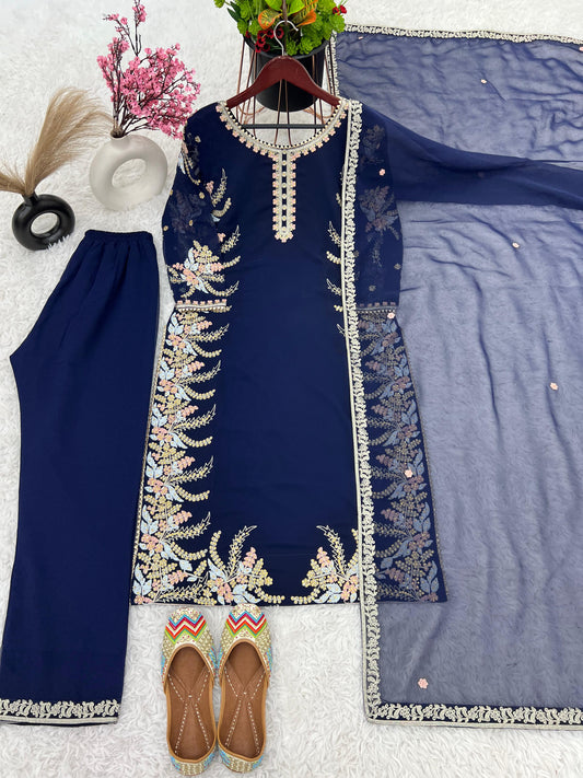 Elegant Georgette Diamond Work Teal Blue Kurti Set