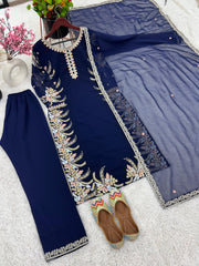 Elegant Georgette Diamond Work Navy Blue Kurti Set