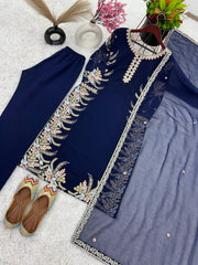 Elegant Georgette Diamond Work Navy Blue Kurti Set