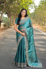 Wedding Wear Embroidery Zari Work Sky Blue Saree