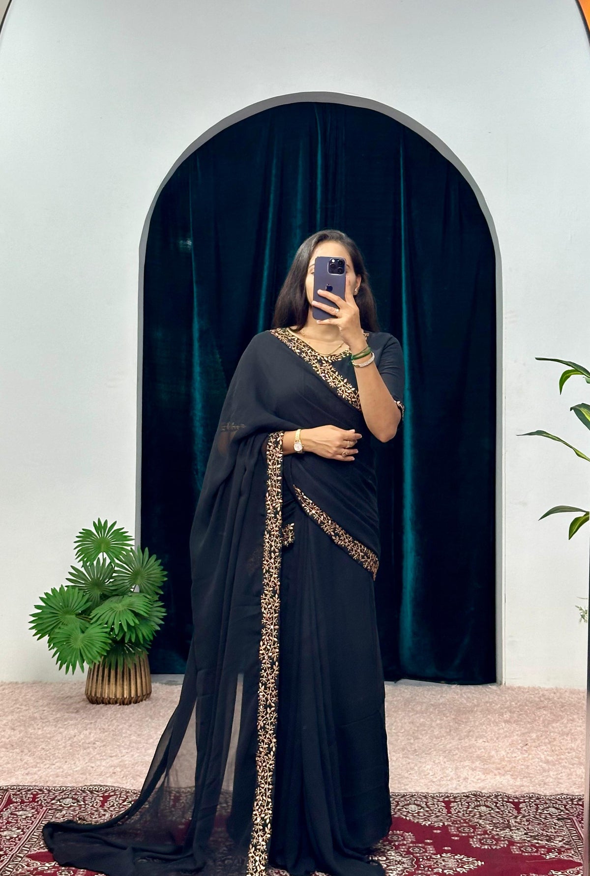 Mesmerizing Georgette Black Color Gown With Attached Pallu Saree