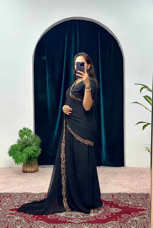 Mesmerizing Georgette Black Color Gown With Attached Pallu Saree