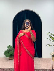 Mesmerizing Georgette Red Color Gown With Attached Pallu Saree