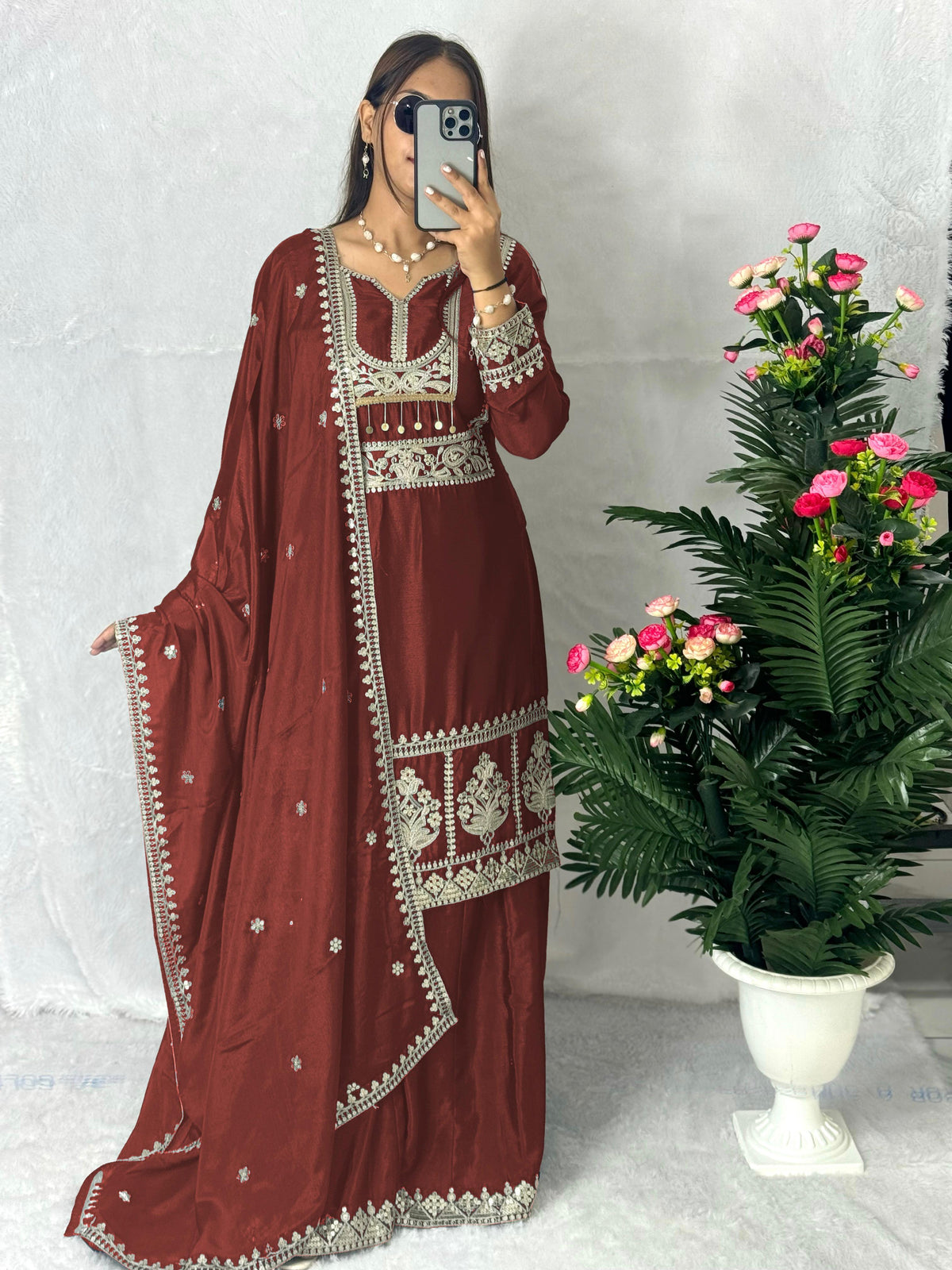 Eyes Catching Chinon Silk Maroon Color Sharara Suit