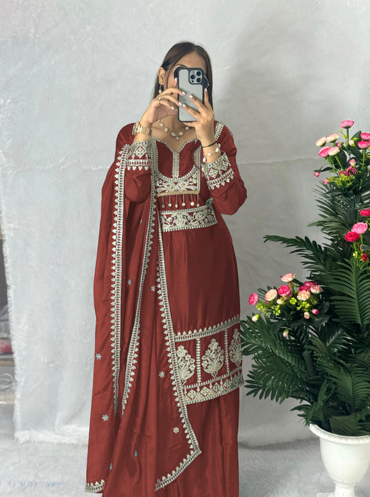 Eyes Catching Chinon Silk Maroon Color Sharara Suit