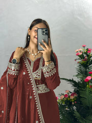 Eyes Catching Chinon Silk Maroon Color Sharara Suit