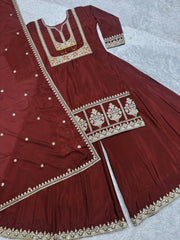 Eyes Catching Chinon Silk Maroon Color Sharara Suit