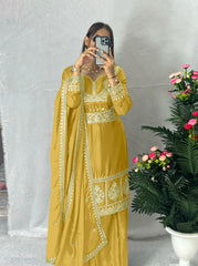 Eyes Catching Chinon Silk Yellow Color Sharara Suit