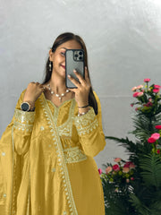 Eyes Catching Chinon Silk Yellow Color Sharara Suit