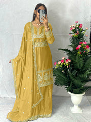 Eyes Catching Chinon Silk Yellow Color Sharara Suit