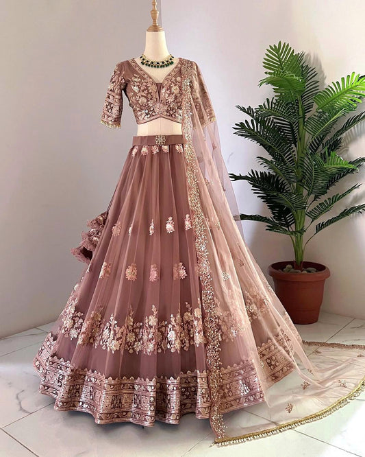 Blissful Brown Color Georgette Sequence Work Lehenga Choli