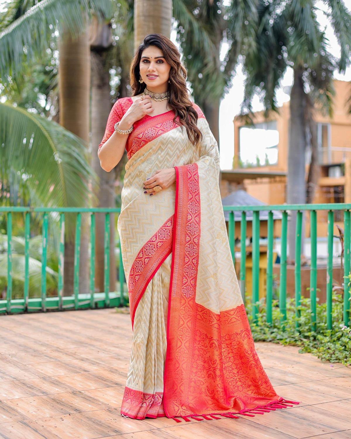 Adorable Bandhej Kanjivaram Red Border With Cream Silk Saree