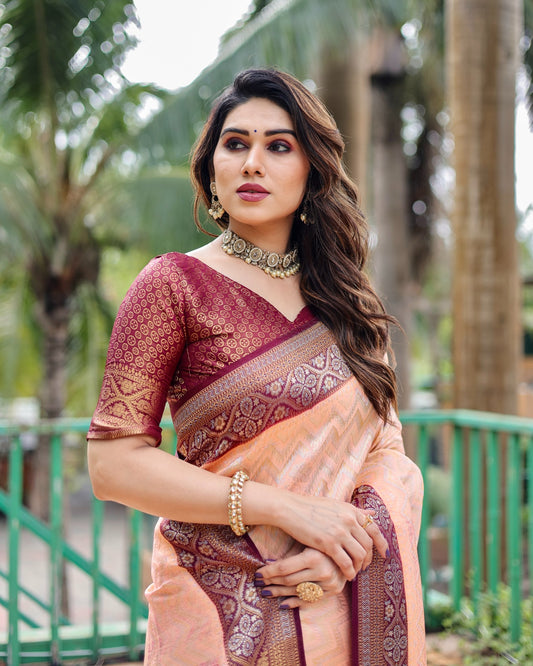 Adorable Bandhej Kanjivaram Maroon Border With Peach Silk Saree