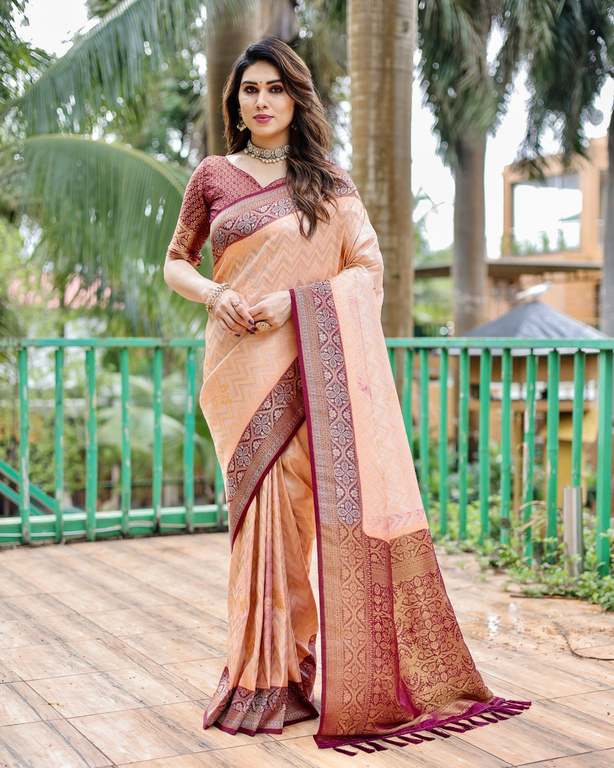 Adorable Bandhej Kanjivaram Maroon Border With Peach Silk Saree