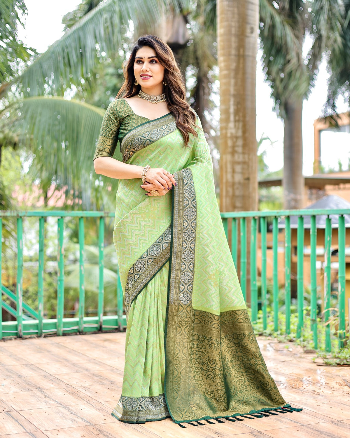 Adorable Bandhej Kanjivaram Green Border With Pista Silk Saree