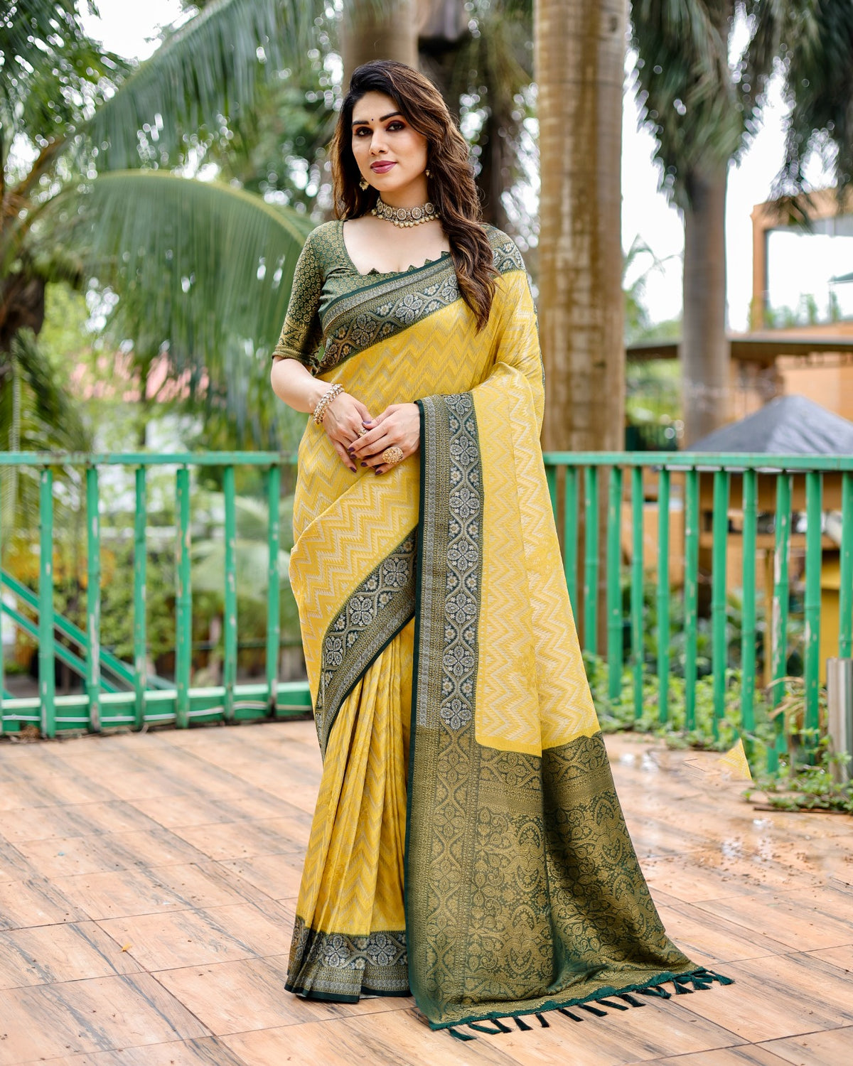 Adorable Bandhej Kanjivaram Green Border With Yellow Silk Saree