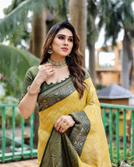 Adorable Bandhej Kanjivaram Green Border With Yellow Silk Saree