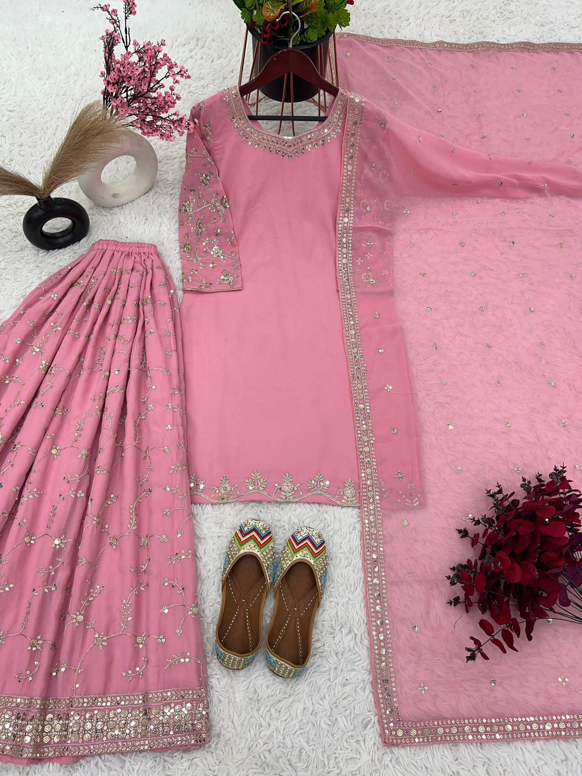 Fantastic Embroidery Sequence Work Pink Color Top With Plazzo Suit