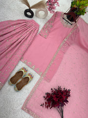 Fantastic Embroidery Sequence Work Pink Color Top With Plazzo Suit