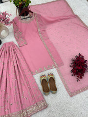 Fantastic Embroidery Sequence Work Pink Color Top With Plazzo Suit