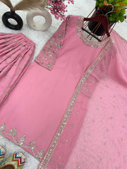 Fantastic Embroidery Sequence Work Pink Color Top With Plazzo Suit