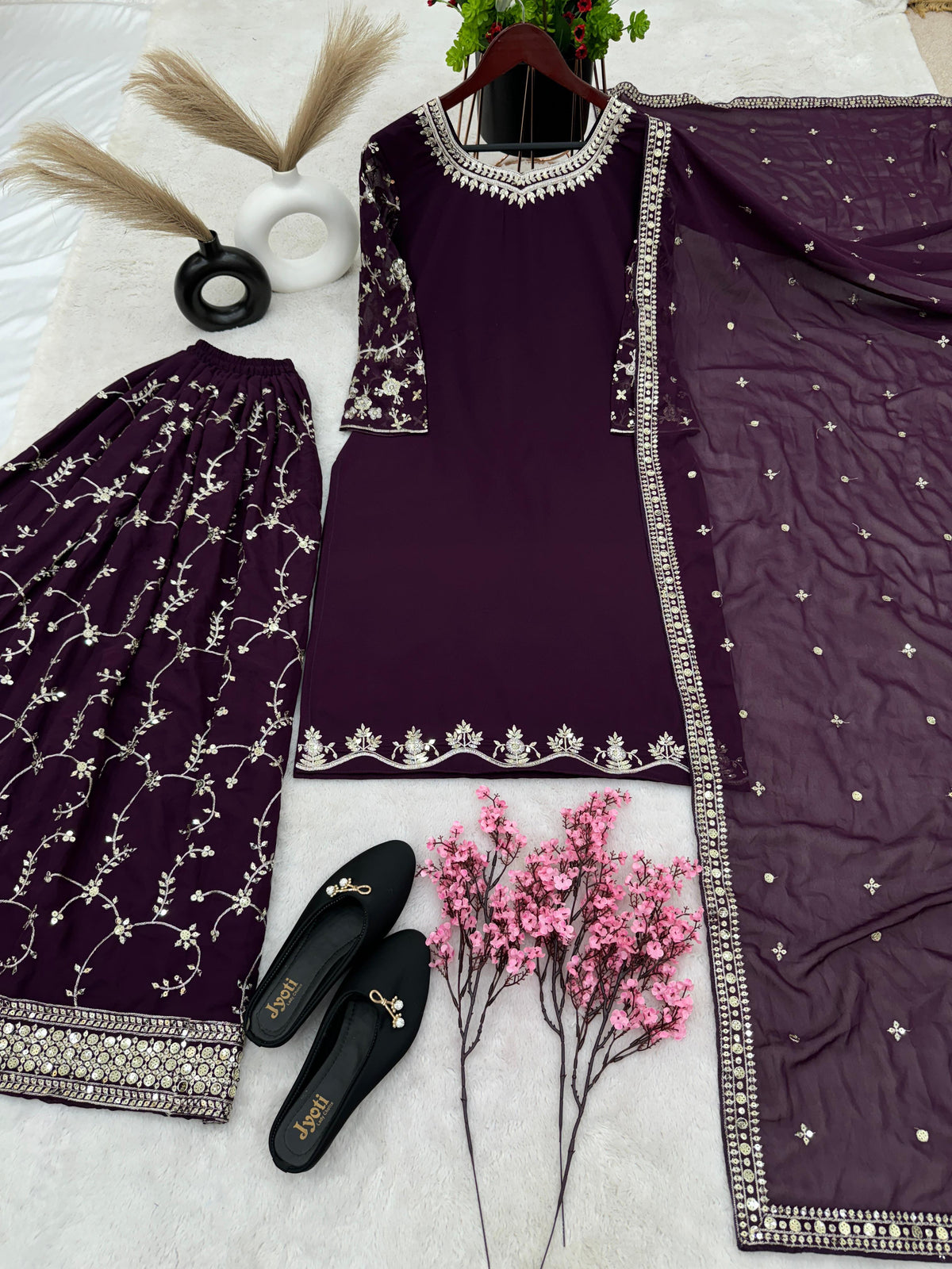 Fantastic Embroidery Sequence Work Brown Color Top With Plazzo Suit