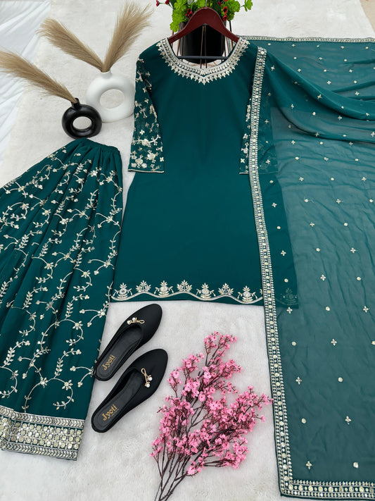 Fantastic Embroidery Sequence Work Green Color Top With Plazzo Suit