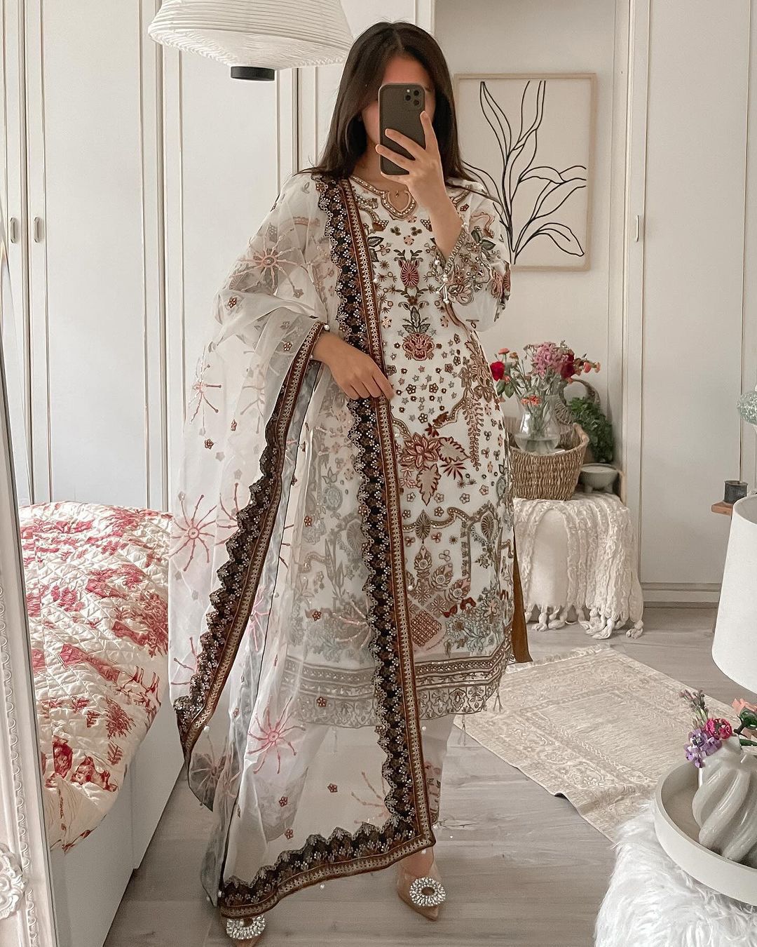 Fancy Heavy Chine Work White Color Salwar Suit