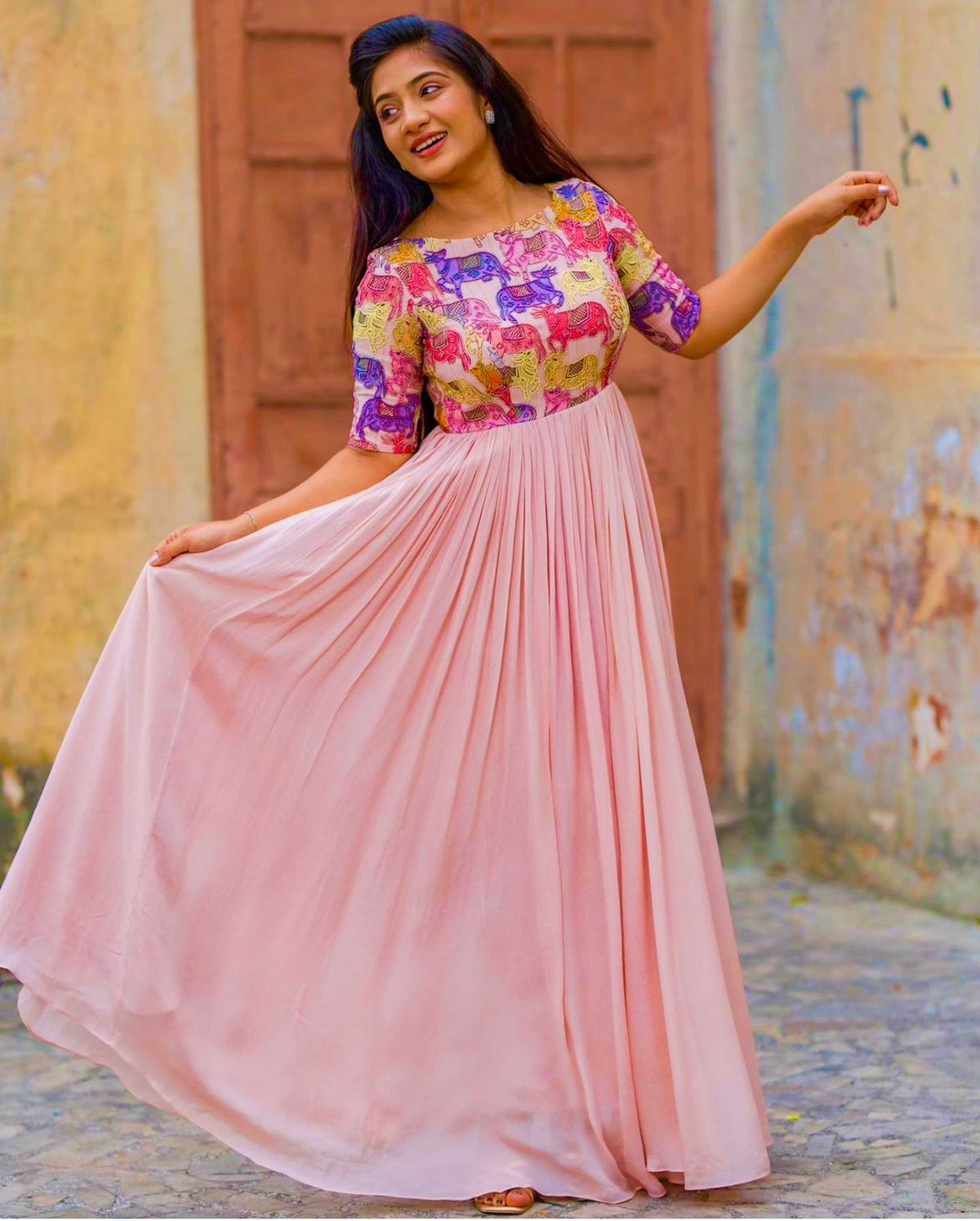 Adorable Hand Work Print Pink Hand Work Gown