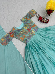 Adorable Hand Work Print Sky Blue Hand Work Gown