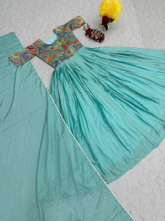 Adorable Hand Work Print Sky Blue Hand Work Gown