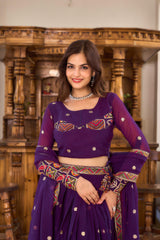 Gorgeous Purple Color Thread Embroidery Work Lehenga Choli