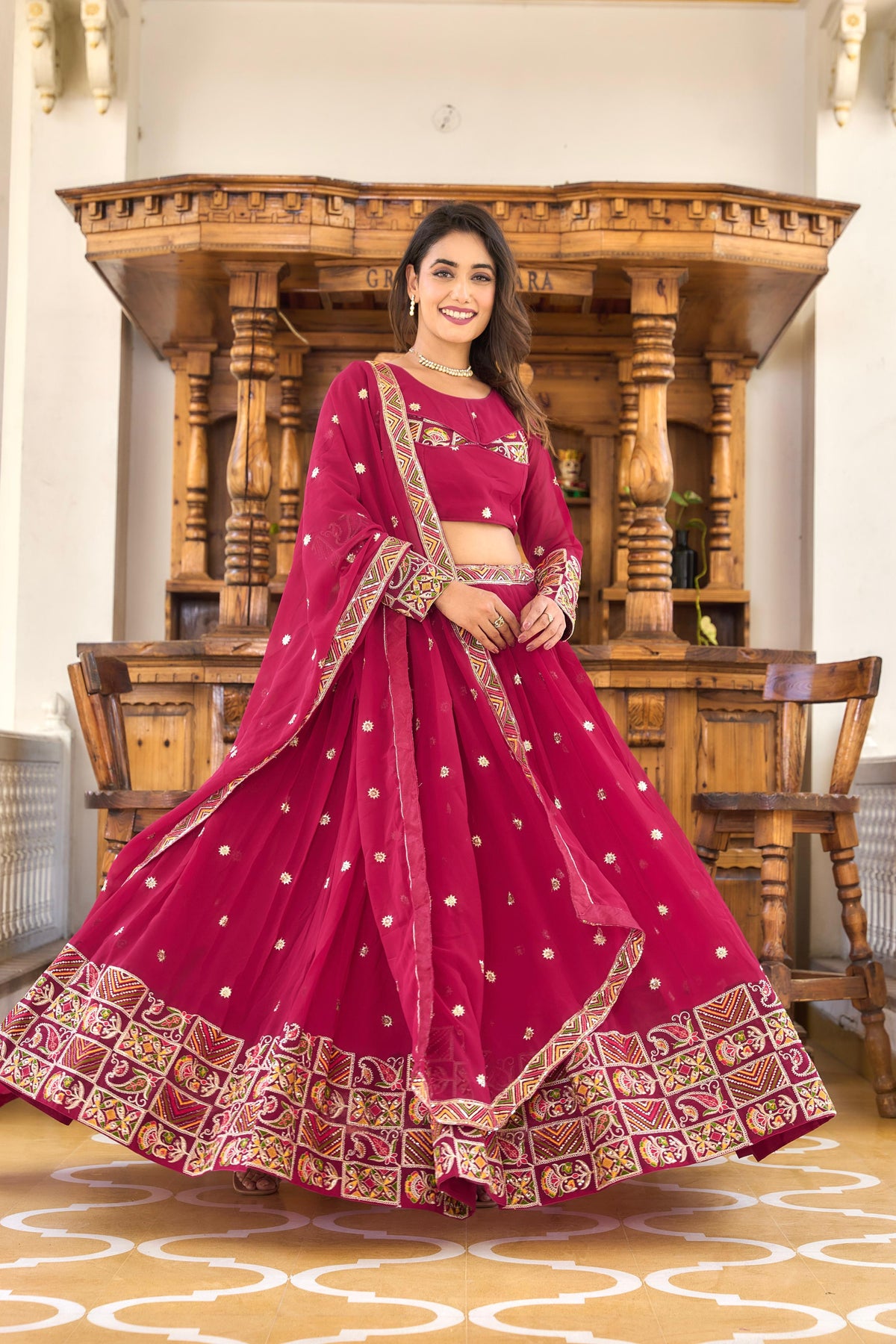 Gorgeous Pink Color Thread Embroidery Work Lehenga Choli