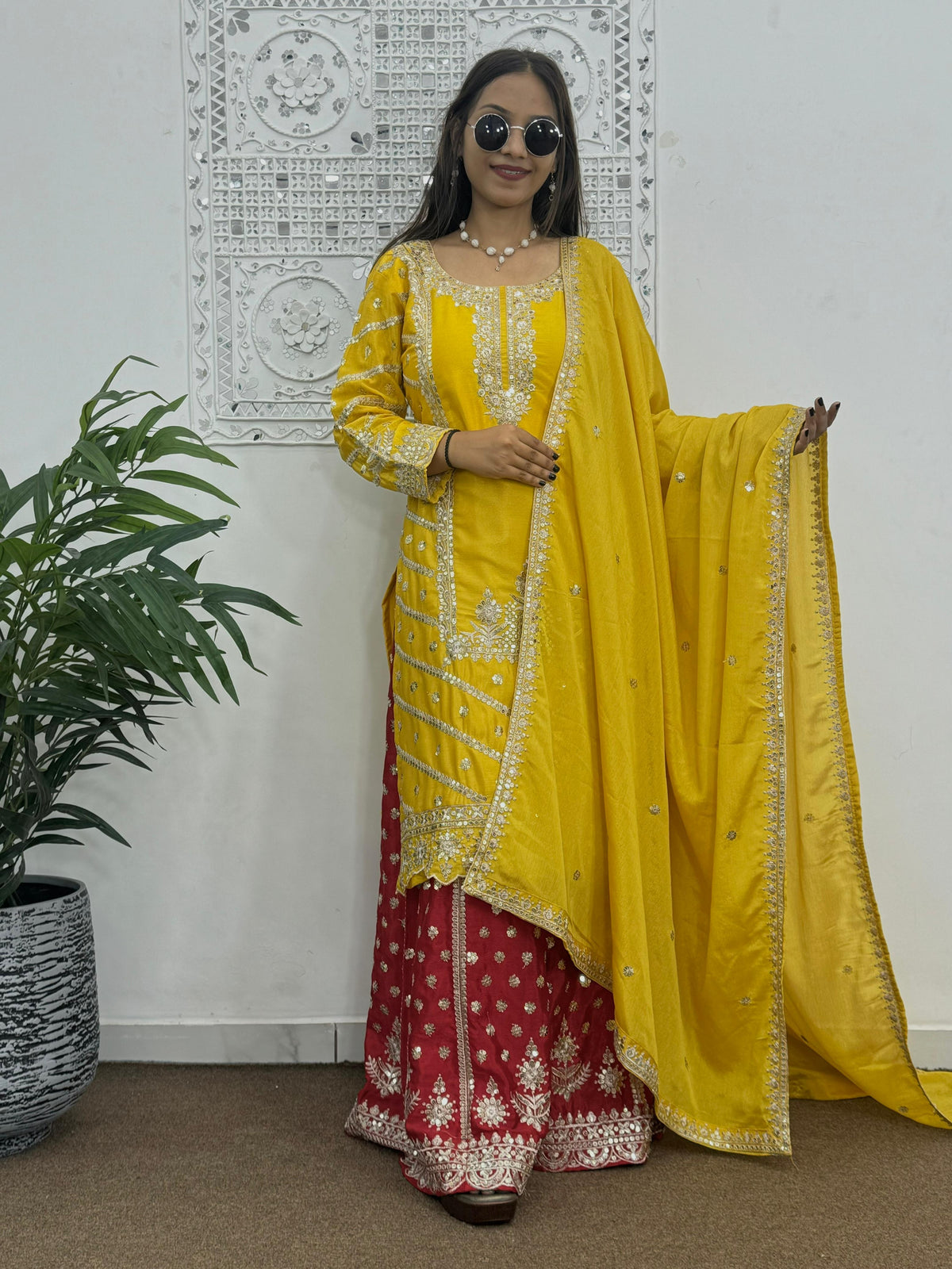 Chinon Silk Yellow With Red Embroidery With sequence Palazzo Suit