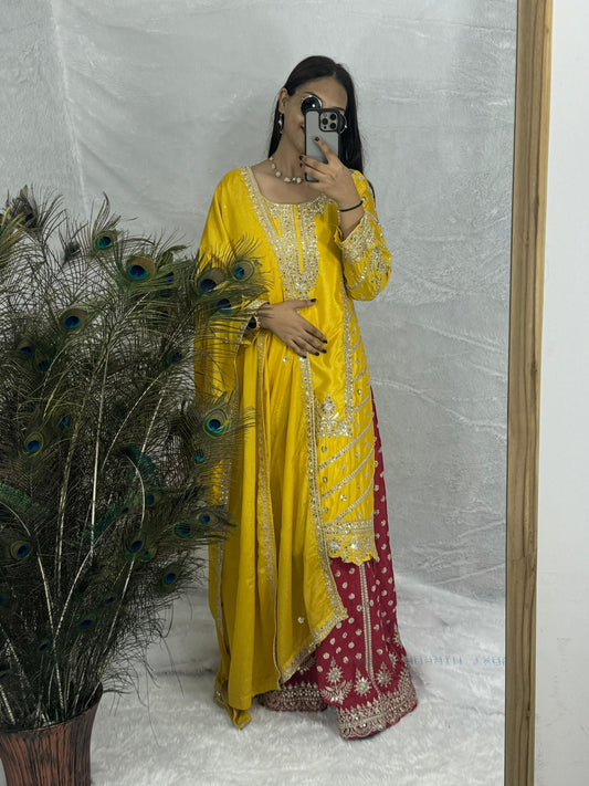 Chinon Silk Yellow With Red Embroidery With sequence Palazzo Suit