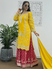 Chinon Silk Yellow With Red Embroidery With sequence Palazzo Suit