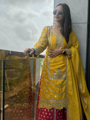 Chinon Silk Yellow With Red Embroidery With sequence Palazzo Suit