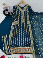 Ravishing Georgette Navy Blue Embroidery Work Sharara Suit