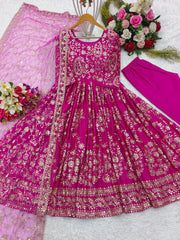 Chinnon Silk Pink Color Heavy Sequence Work Long Gown