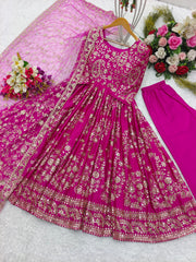 Chinnon Silk Pink Color Heavy Sequence Work Long Gown