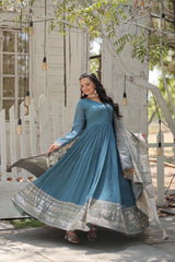 Daisy Sequence Embroidered Work Sky Blue Gown With Dupatta