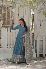 Daisy Sequence Embroidered Work Sky Blue Gown With Dupatta