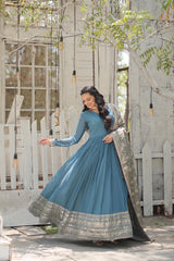 Daisy Sequence Embroidered Work Sky Blue Gown With Dupatta