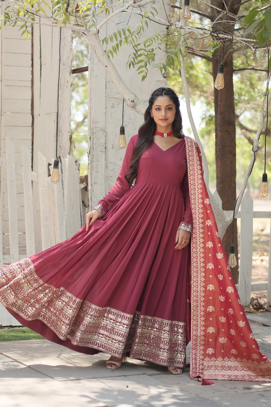 Daisy Sequence Embroidered Work Dusty Pink Gown With Dupatta