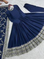 Gorgeous Lace Border Work Navy Blue Long Gown