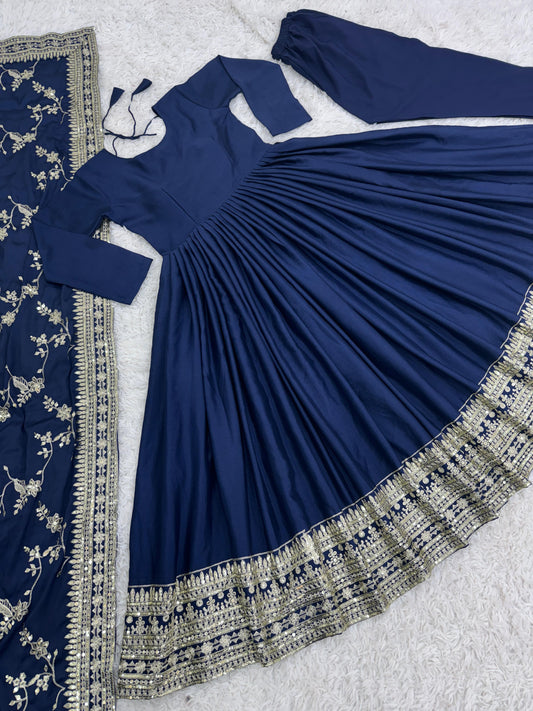 Gorgeous Lace Border Work Navy Blue Long Gown